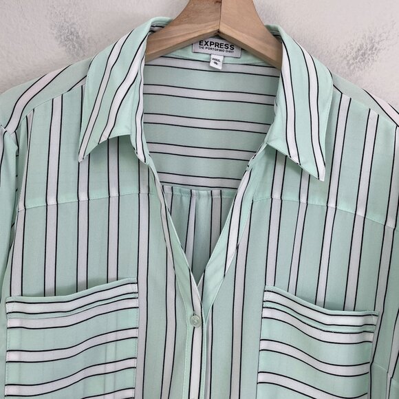 Express Portofino Shirt Womens XL Striped Mint Green Button Up Roll Tab Sleeve - Picture 2 of 9